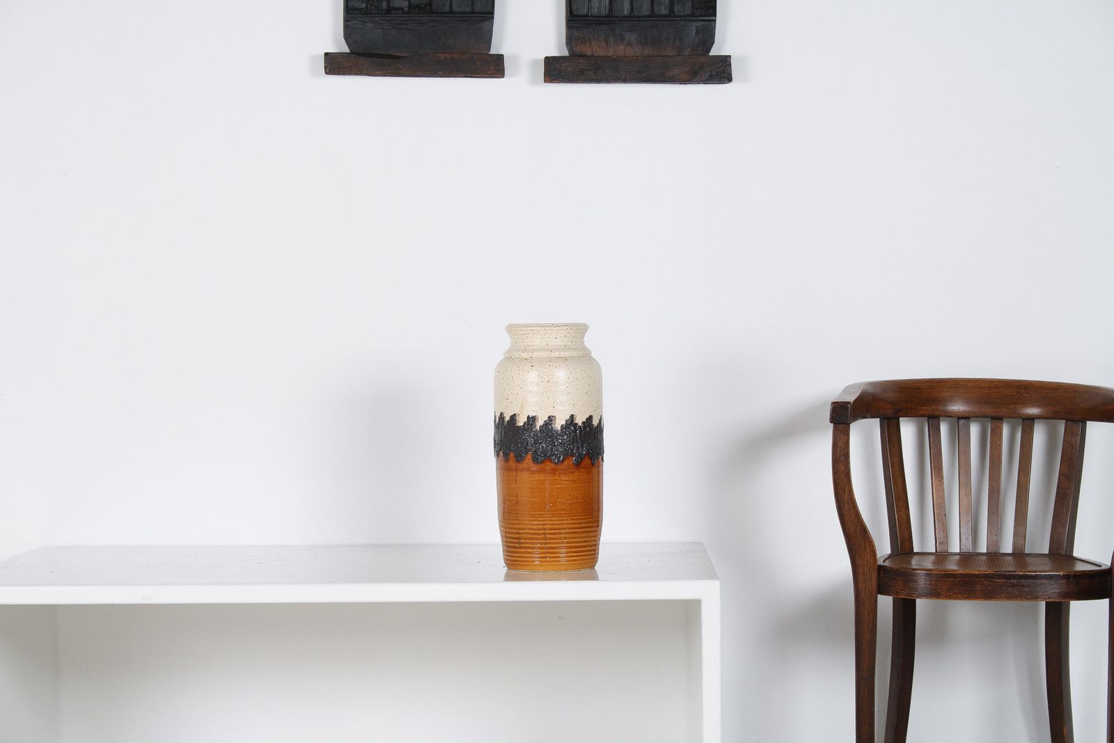 A Large Vibrant West German Pottery Fat Lava Vase In Orange, Black And Cream By Bay photo vintage