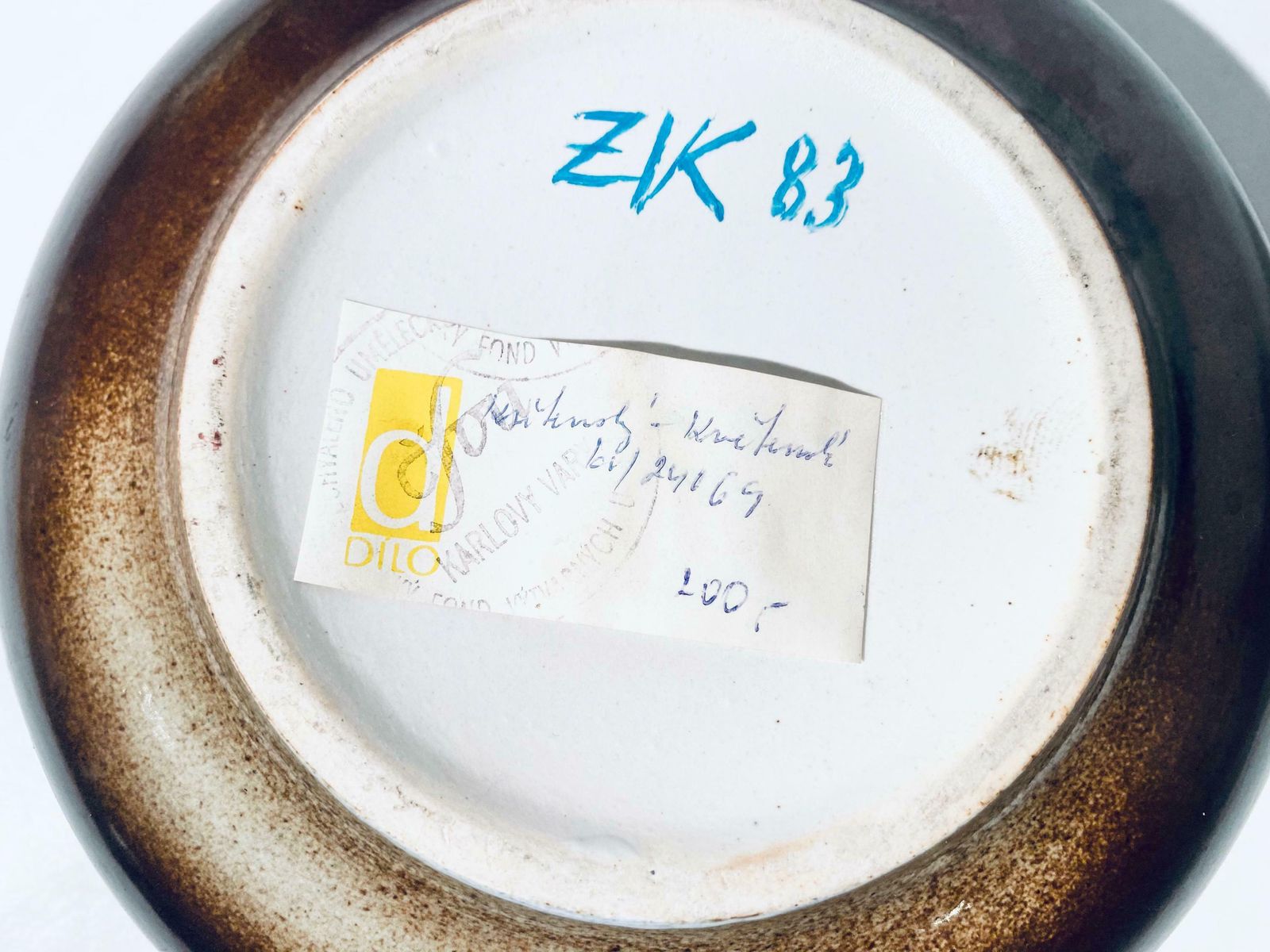 photo for sale Dilo Karlovy Vary Czechoslovakia Ceramic Vase / Round Fat Blue & Black Structured/ Vintage 1983