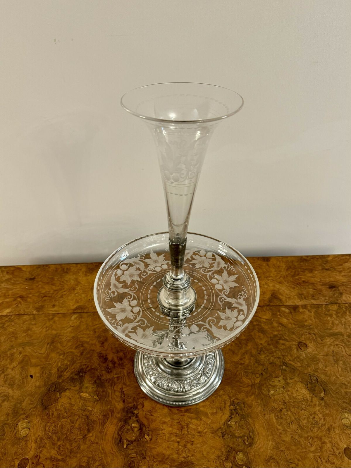 Fine Quality Antique Silver Plated And Etched Glass Epergne By Walker & Hall photo for sale