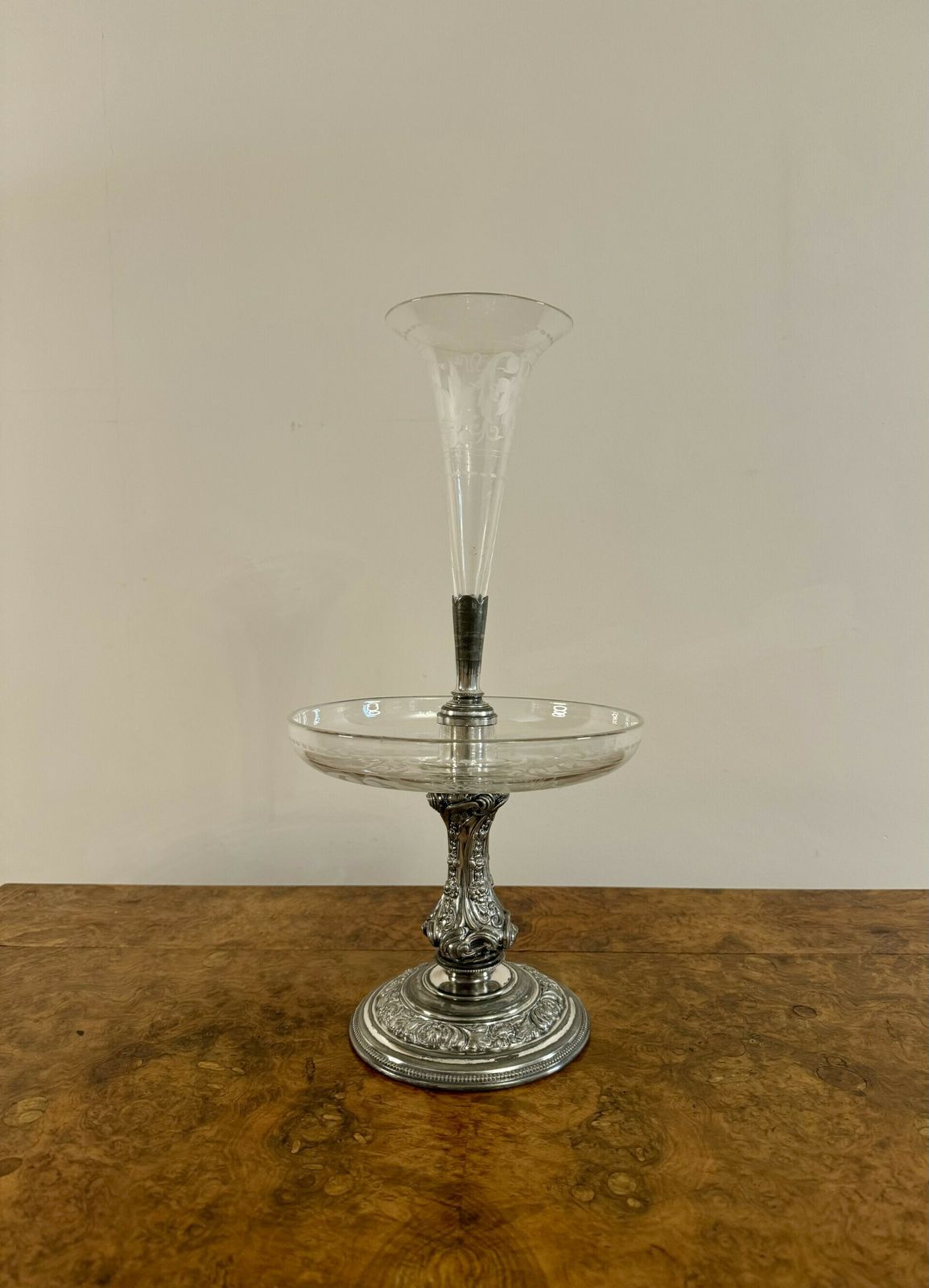 Fine Quality Antique Silver Plated And Etched Glass Epergne By Walker & Hall