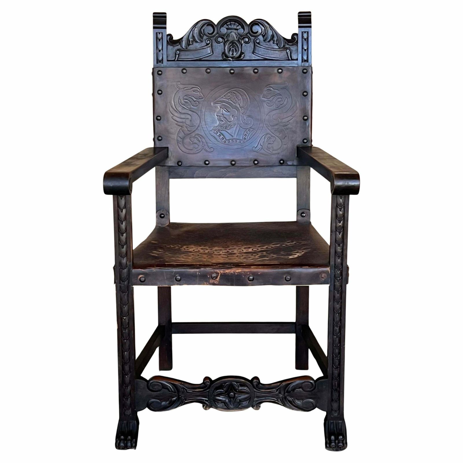19th Spanish Carved Walnut Armchair With New Black Leather And Solomonic Columns