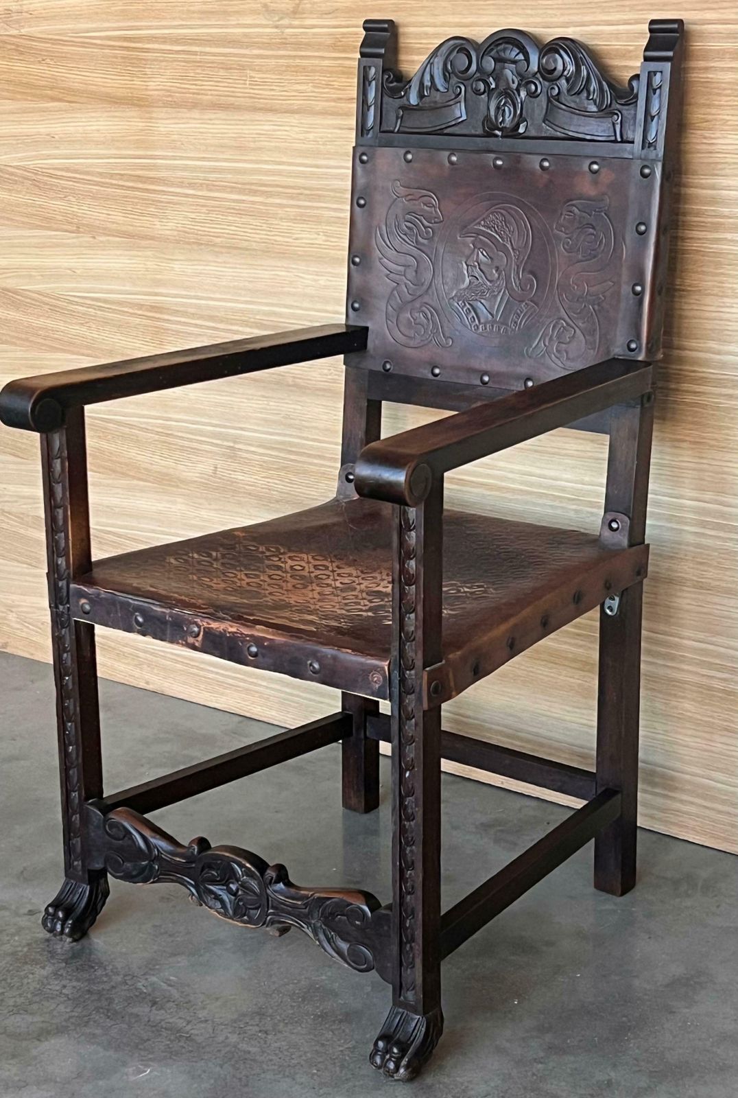 19th Spanish Carved Walnut Armchair With New Black Leather And Solomonic Columns photo for sale
