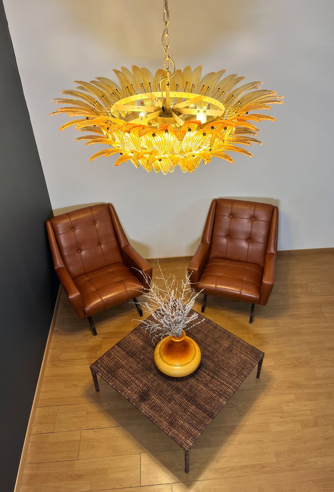 photo vinterior Murano Chandelier Original Palmette, Two Levels, 82 Amber Glasses