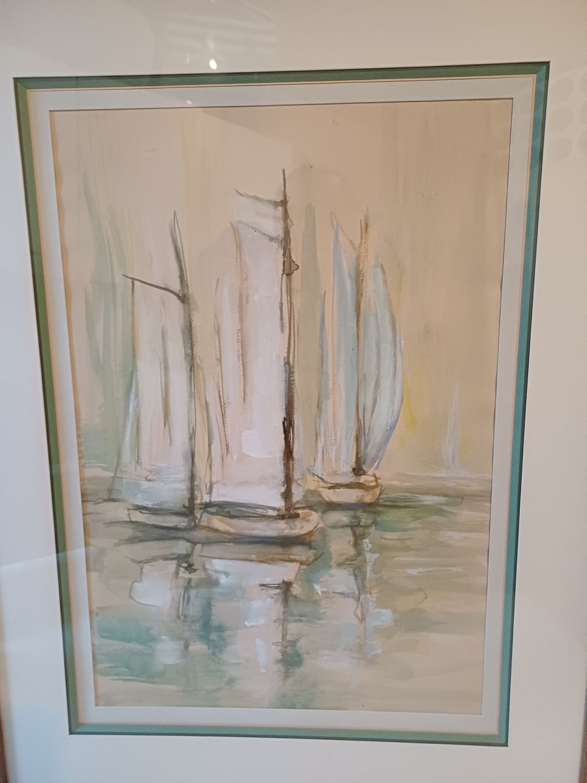 Marine Watercolor With 3 Boats photo for sale