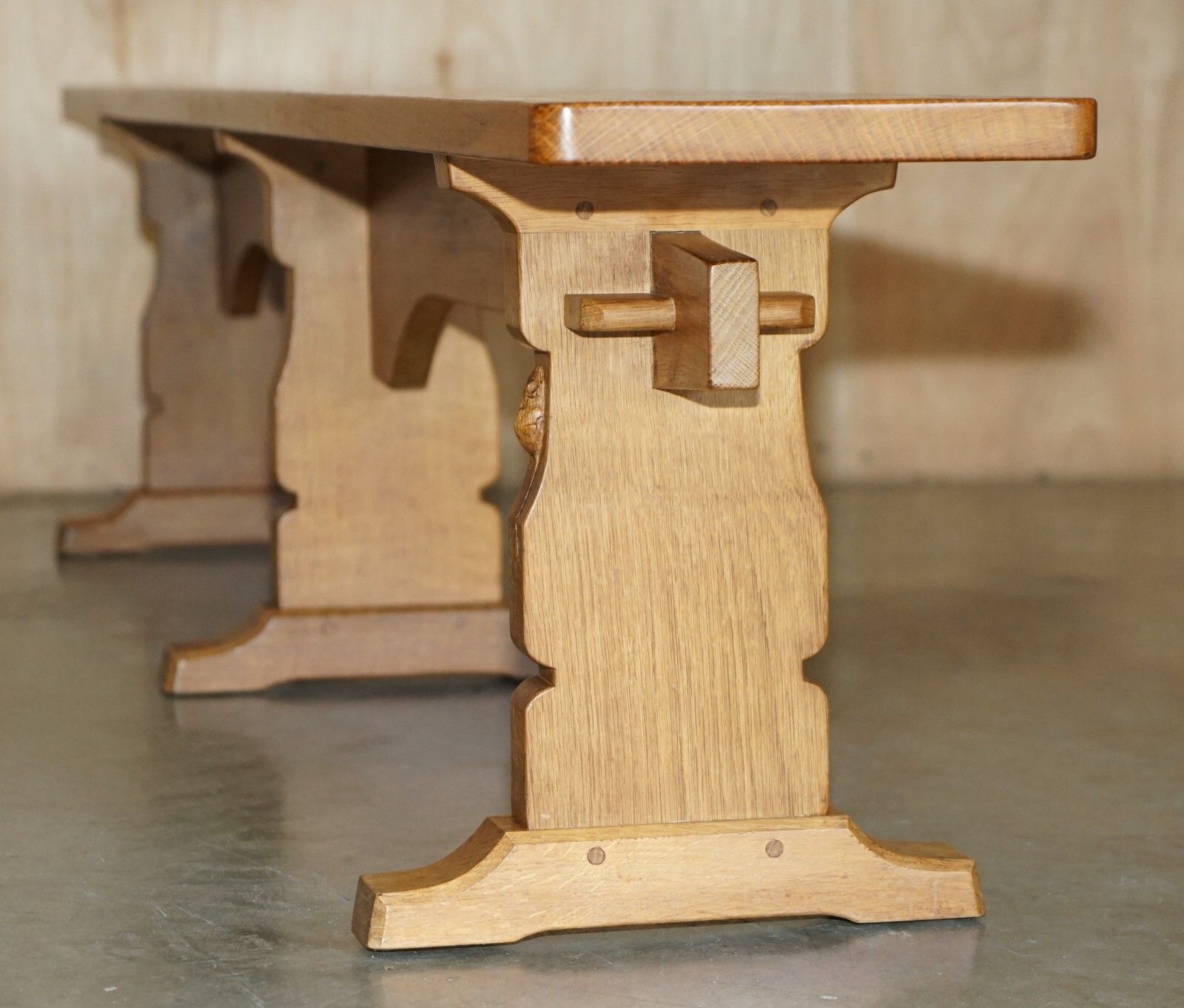 photo buy Pair Of Vintage Adzed Robert Mouseman Thompson Dining Room Table Pew Benches