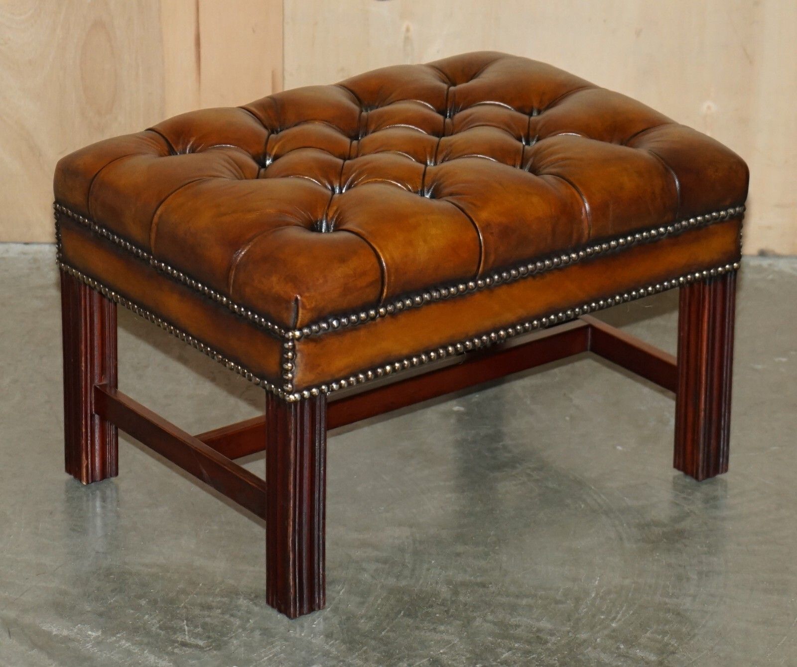 Pair Of Fully Restored Vintage Hand Dyed Brown Leather Chesterfield Footstools photo for sale