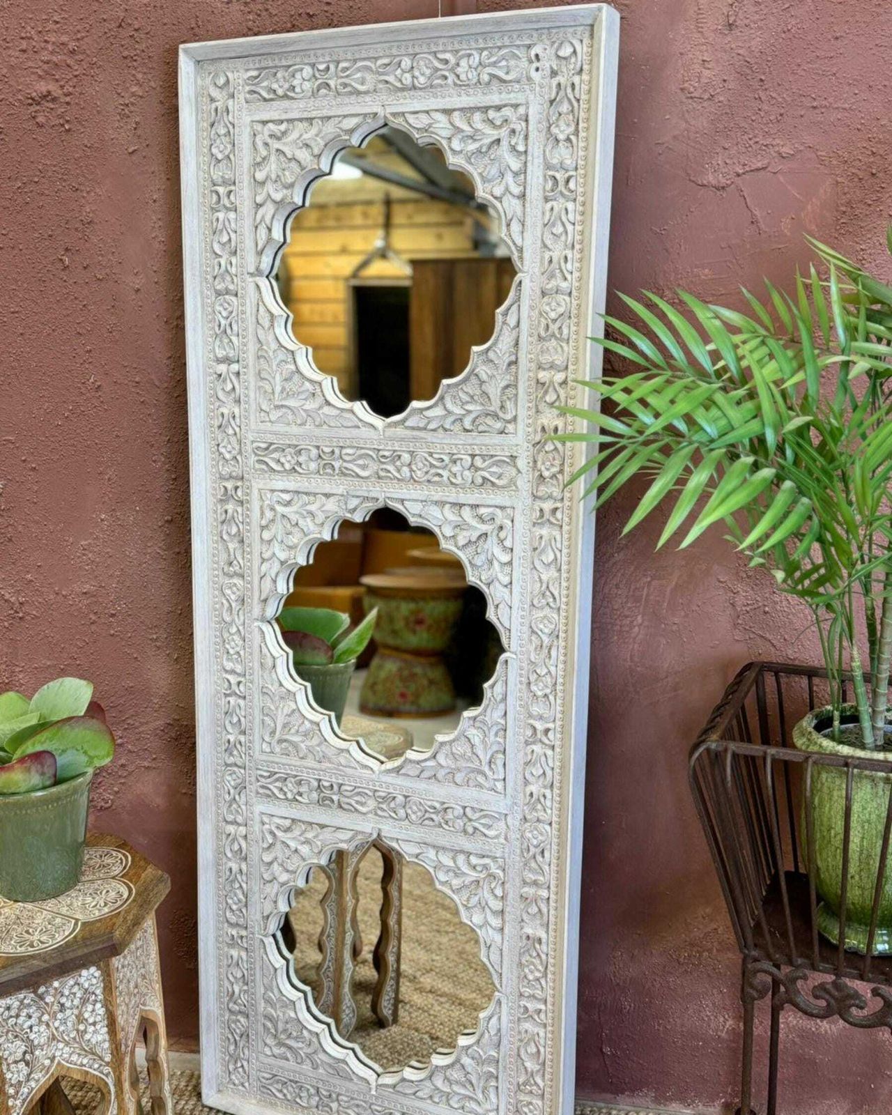 Hand Carved Wall Mirror With Traditional Indian Design In Mango Wood