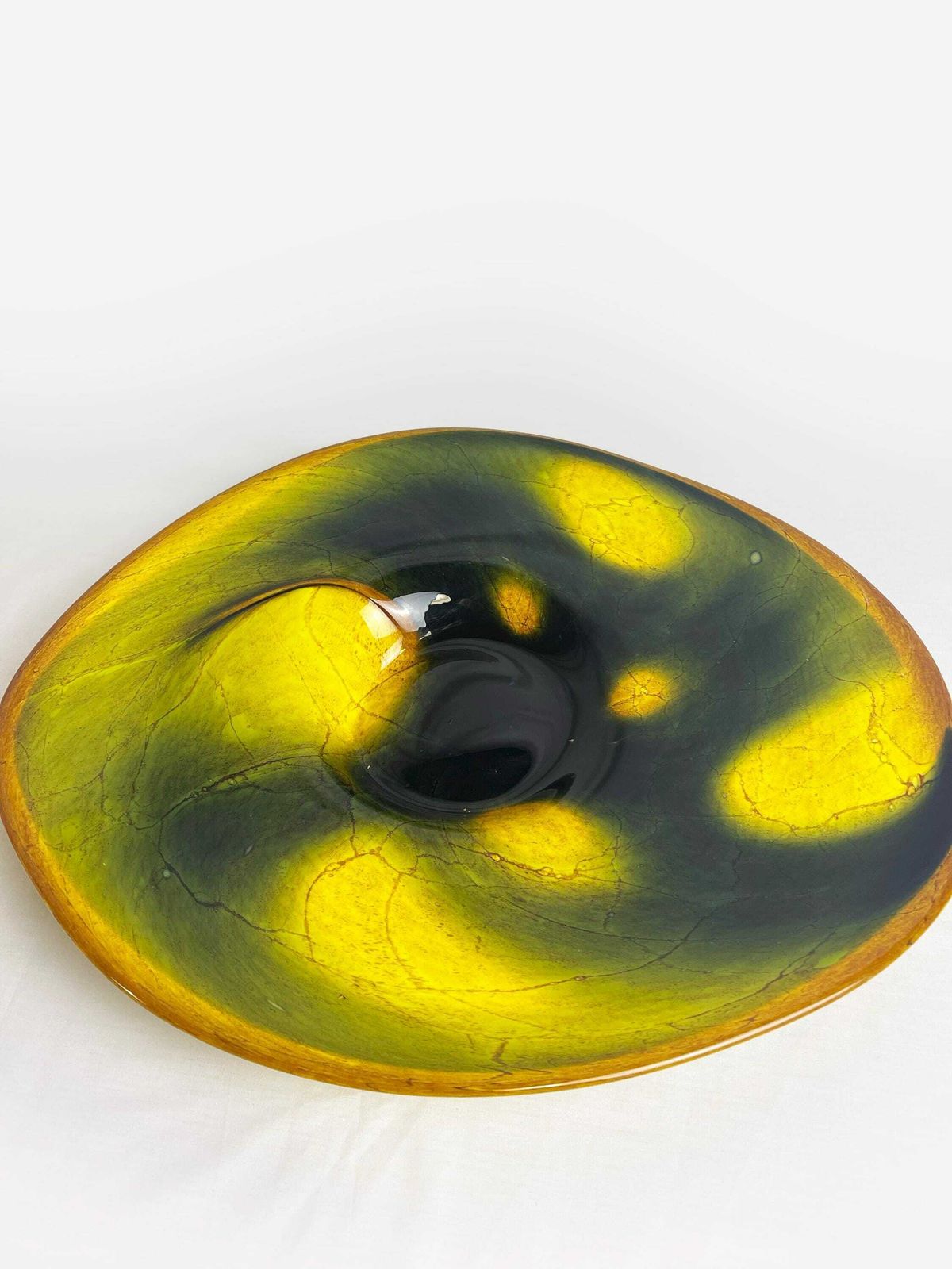 Vintage Large Yellow And Black Glass Bowl. Large Unusual Glass Dish, Vintage Artglass, Mid Century Modern Aesthetic, Original