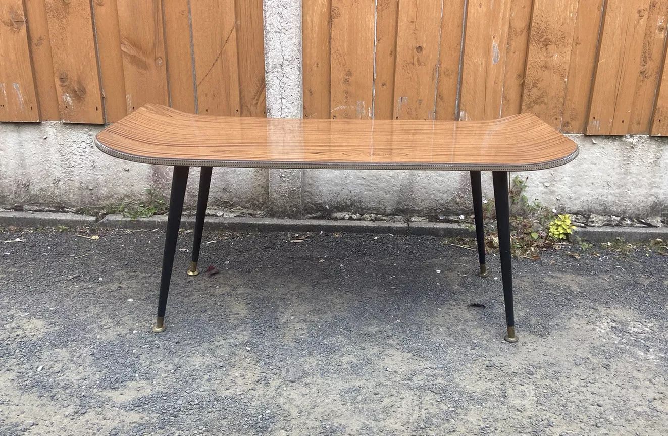 Retro Dansette Black Leg Coffee Table Sleigh Skateboard Bentwood Curved Ends Formica Teak Top