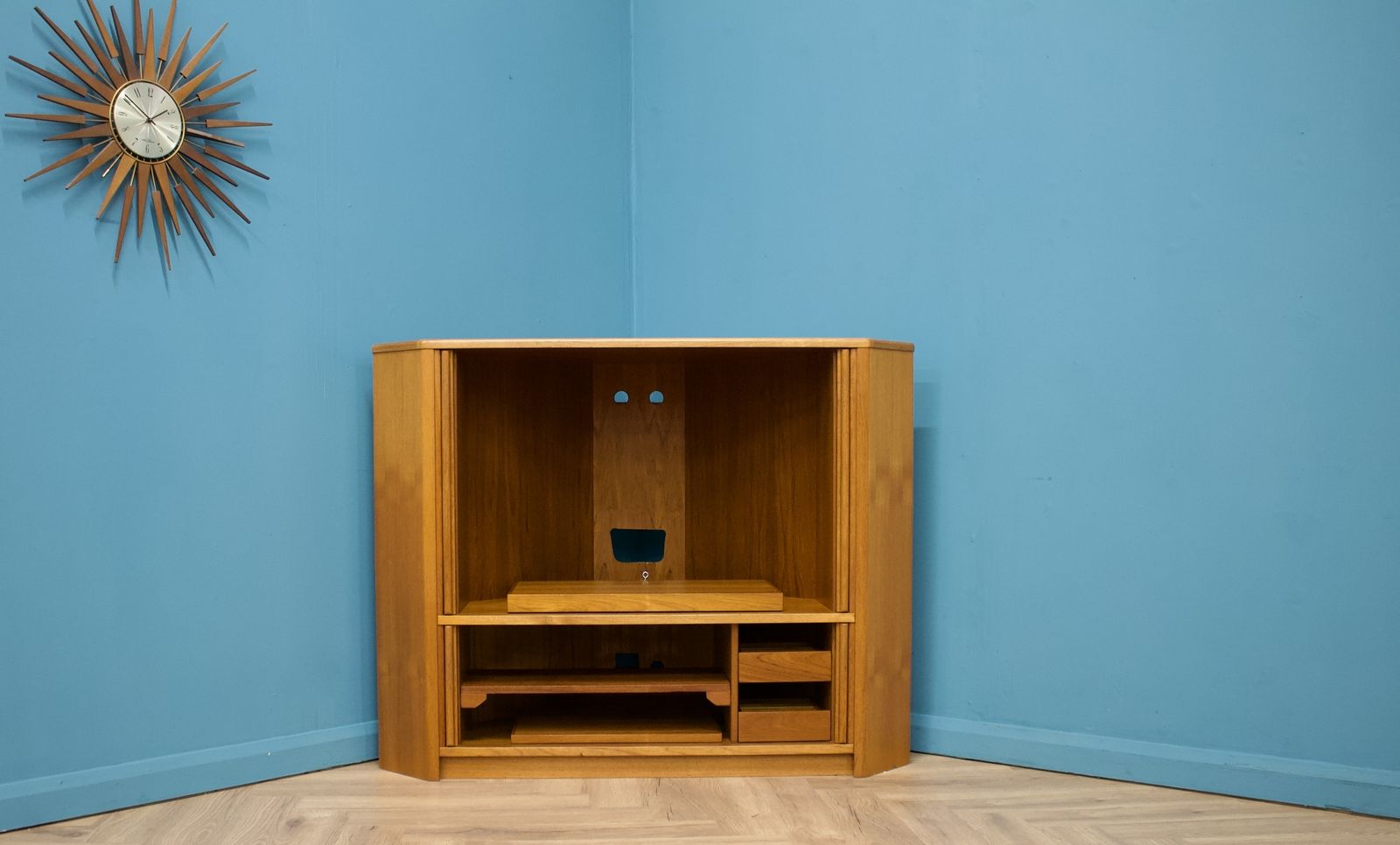 Mid Century Large Danish Teak Tambour Door Corner Tv Cabinet, 1970s photo furniture
