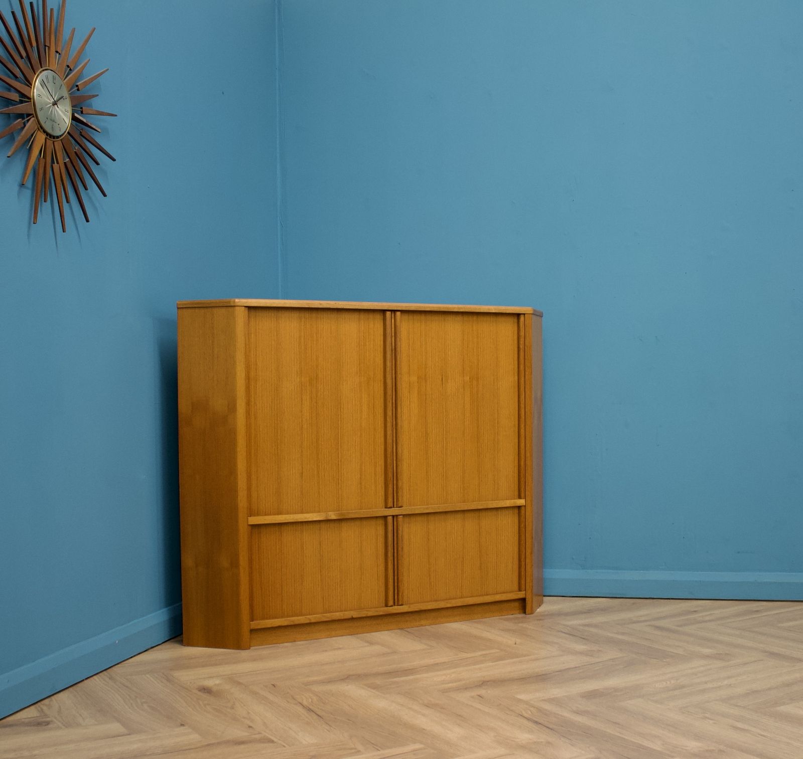 Mid Century Large Danish Teak Tambour Door Corner Tv Cabinet, 1970s photo for sale