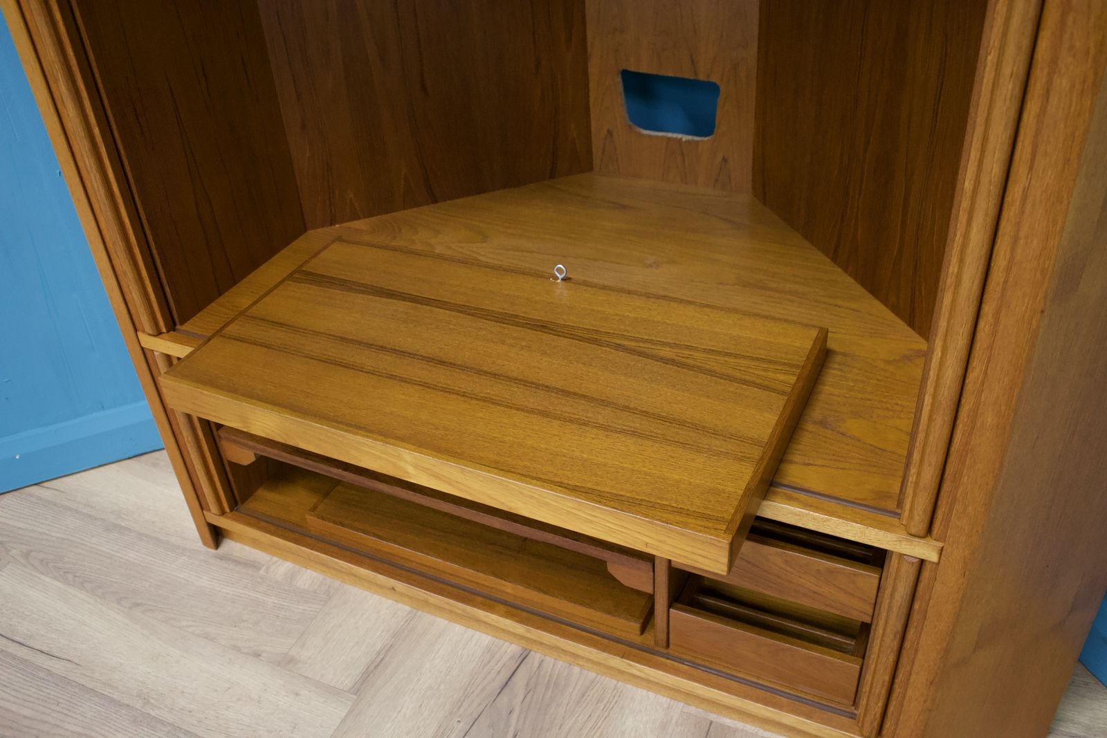 Mid Century Large Danish Teak Tambour Door Corner Tv Cabinet, 1970s photo vinterior