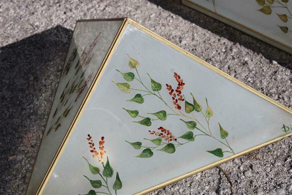 Pair Of Wall Lamps Triangle Design Italian Naturalist Painted Glass photo 1535.0