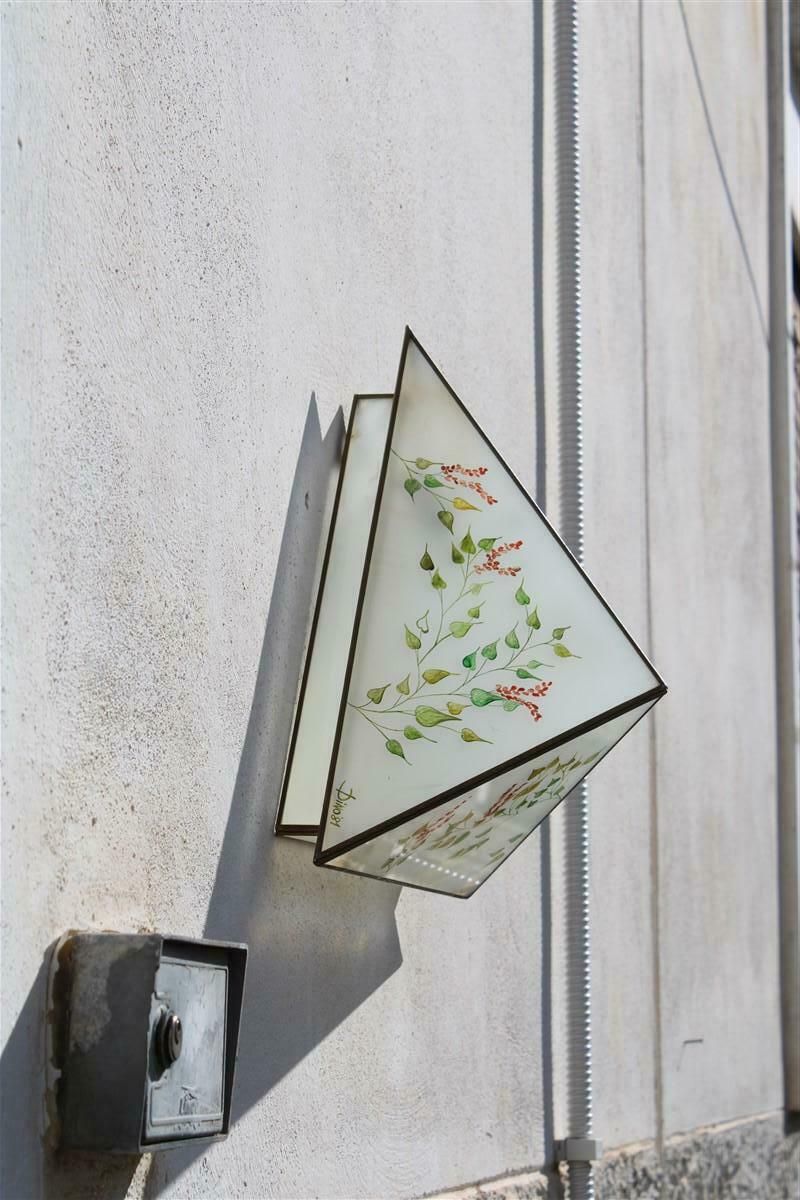 Pair Of Wall Lamps Triangle Design Italian Naturalist Painted Glass photo buy