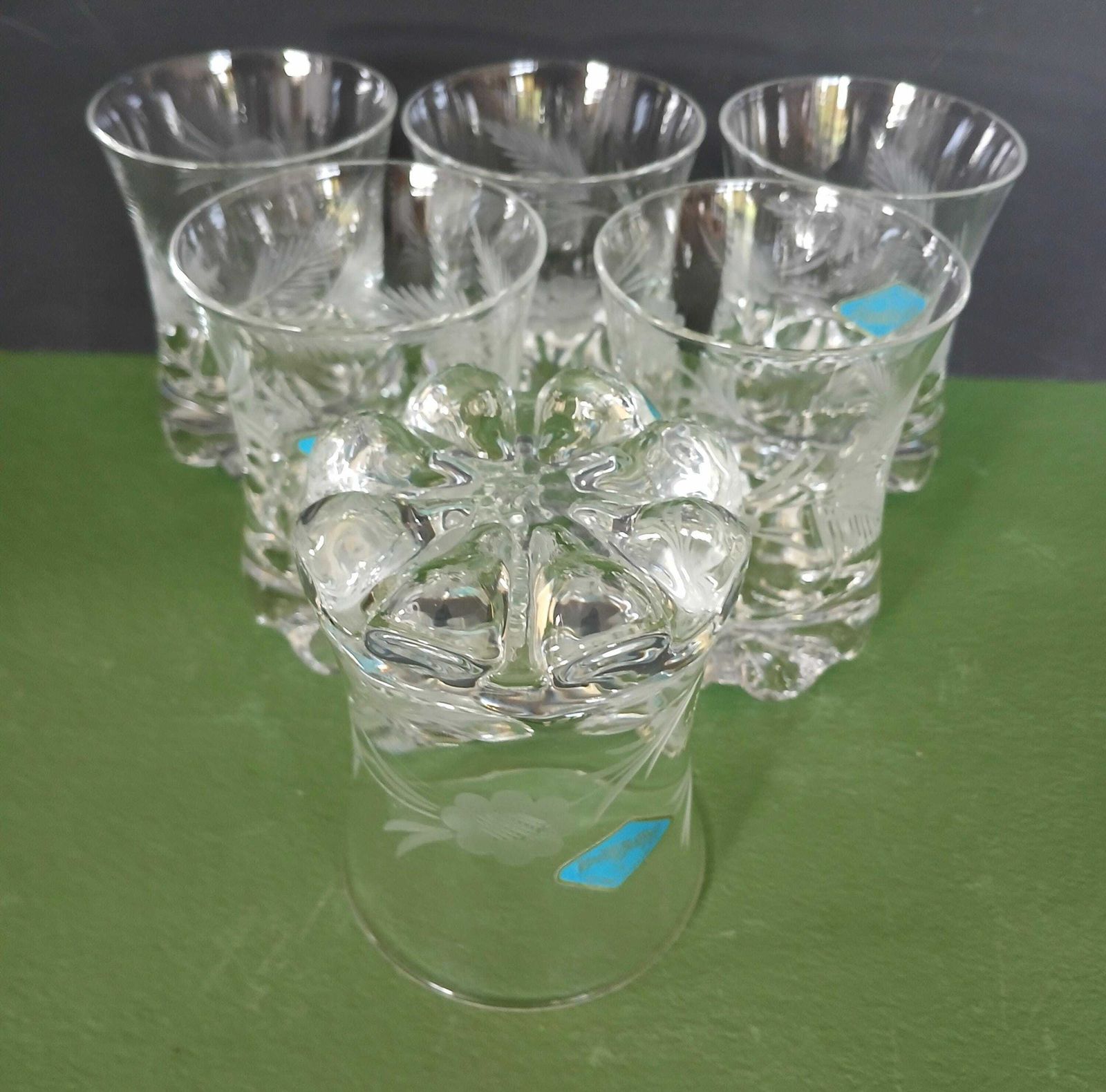 photo for sale Rare Set Of 6 Vintage Crystal Etched Tumblers With Knobbly Bases, Blackheath Glassworks, England 1960s, Whisky, Old Fashioned, Cocktails