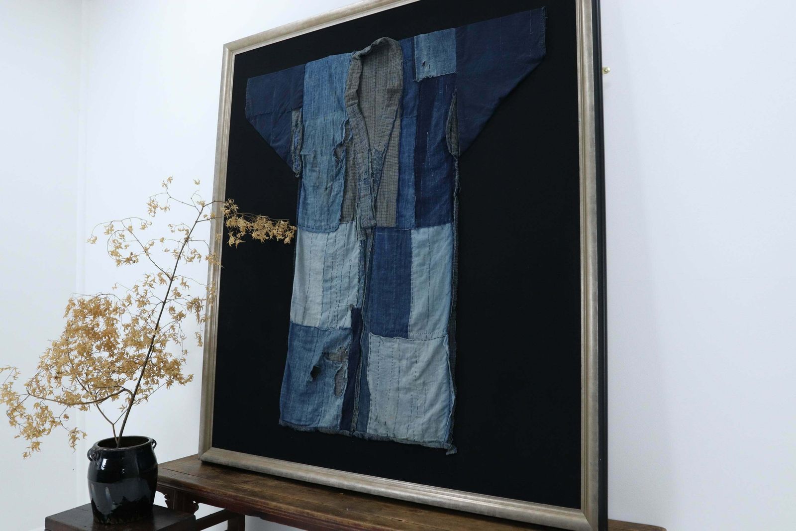 Meiji Period Japanese Indigo Framed Boro Kimono photo for sale