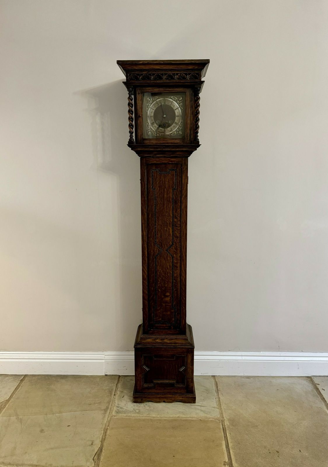 Fine Quality Antique Oak 8 Day Chiming Grandmother Clock