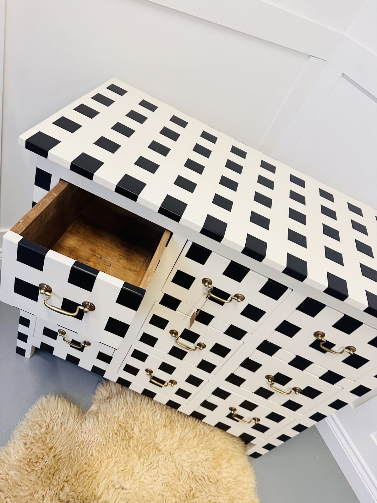 Striped/ Checkered Black And White Vintage Chest Of Drawers With Brass Handles, Painted To Order photo furniture