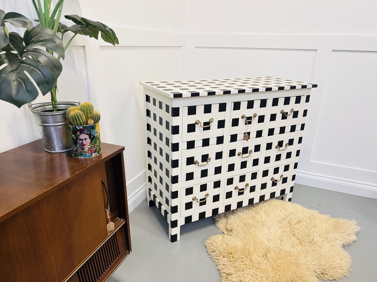Striped/ Checkered Black And White Vintage Chest Of Drawers With Brass Handles, Painted To Order photo for sale