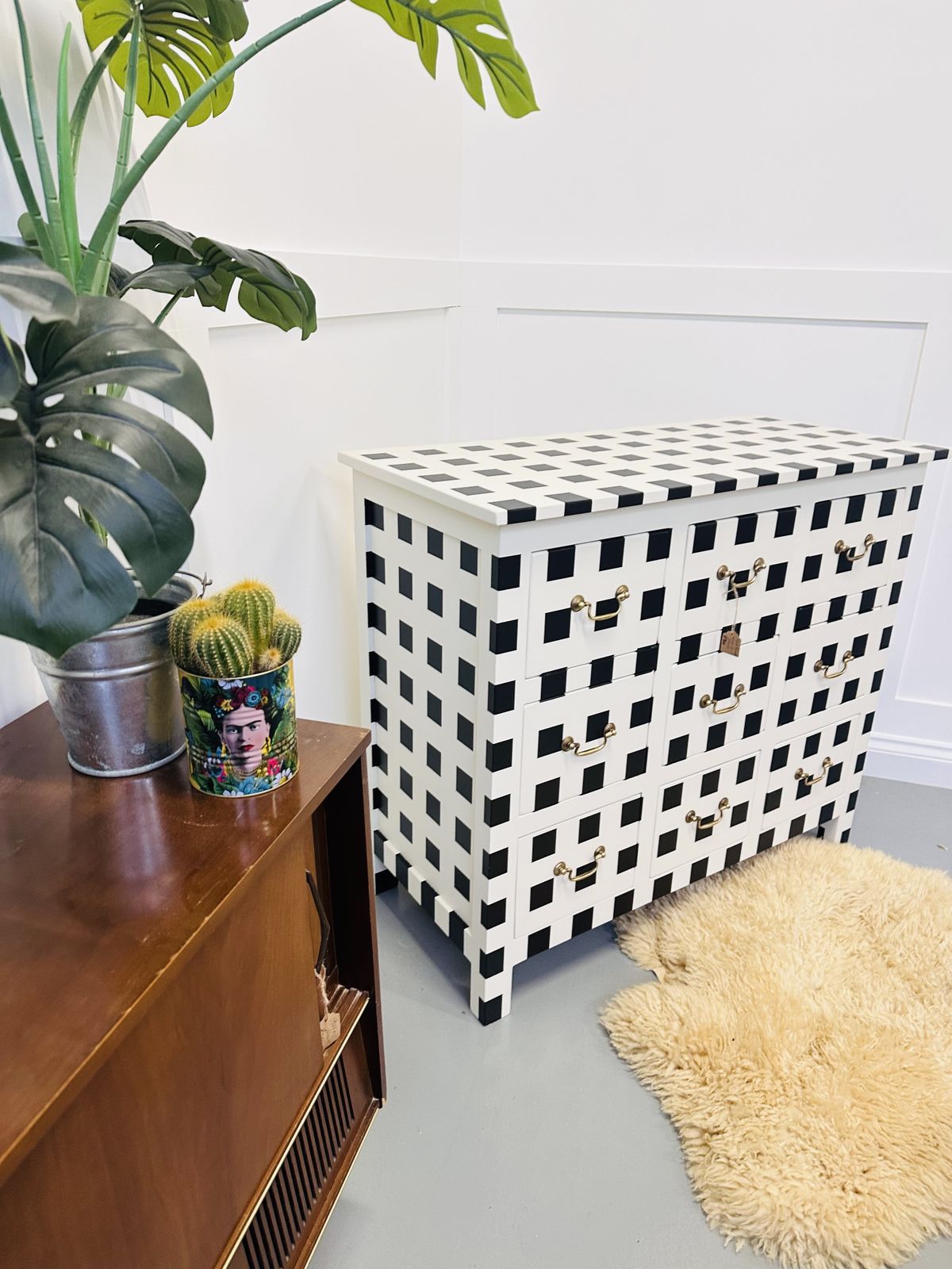 Striped/ Checkered Black And White Vintage Chest Of Drawers With Brass Handles, Painted To Order photo vinterior