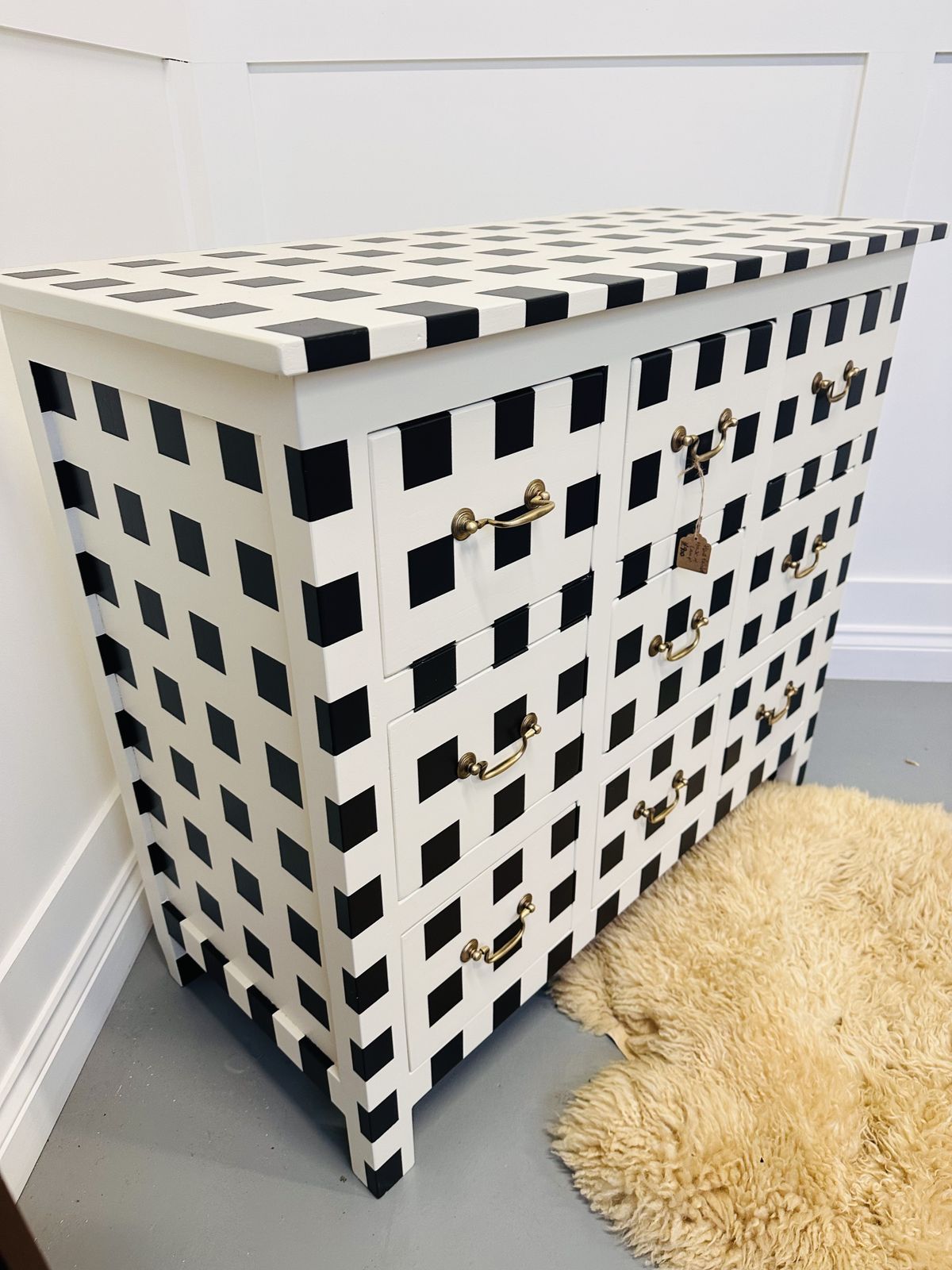 Striped/ Checkered Black And White Vintage Chest Of Drawers With Brass Handles, Painted To Order photo 750.0