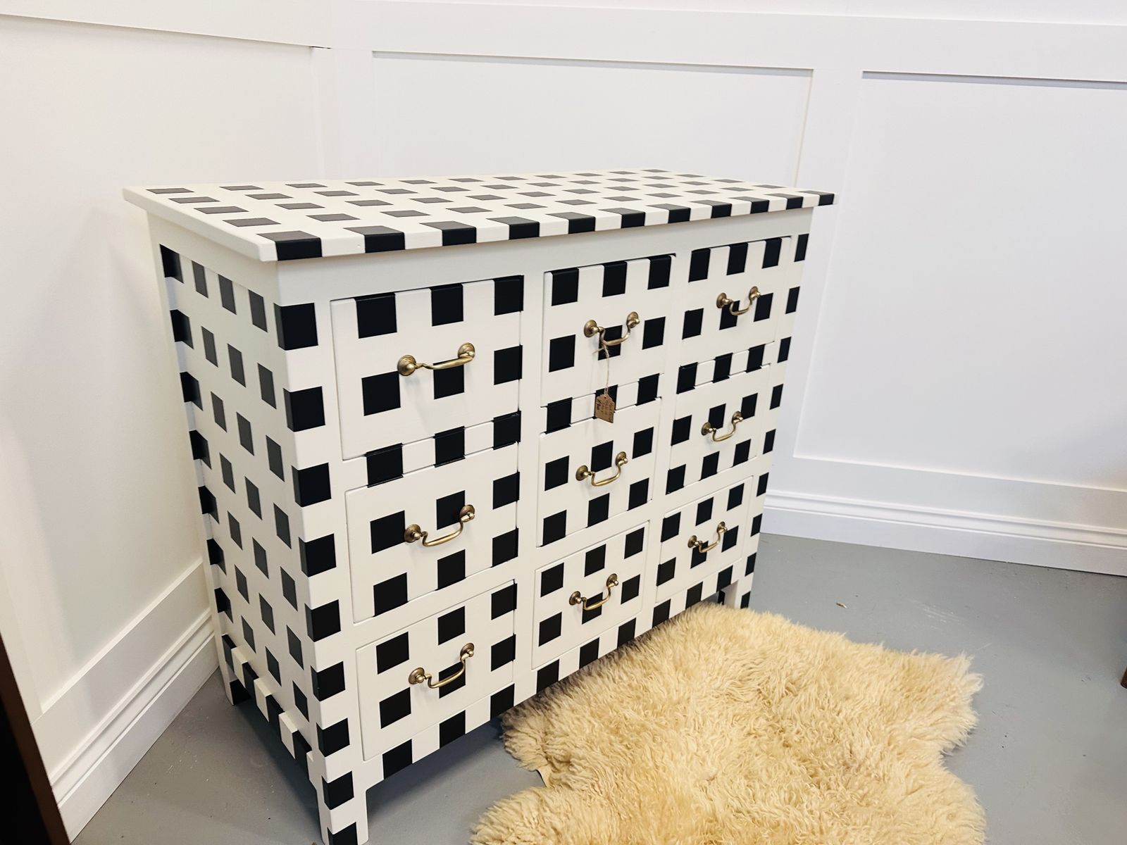 photo furniture Striped/ Checkered Black And White Vintage Chest Of Drawers With Brass Handles, Painted To Order