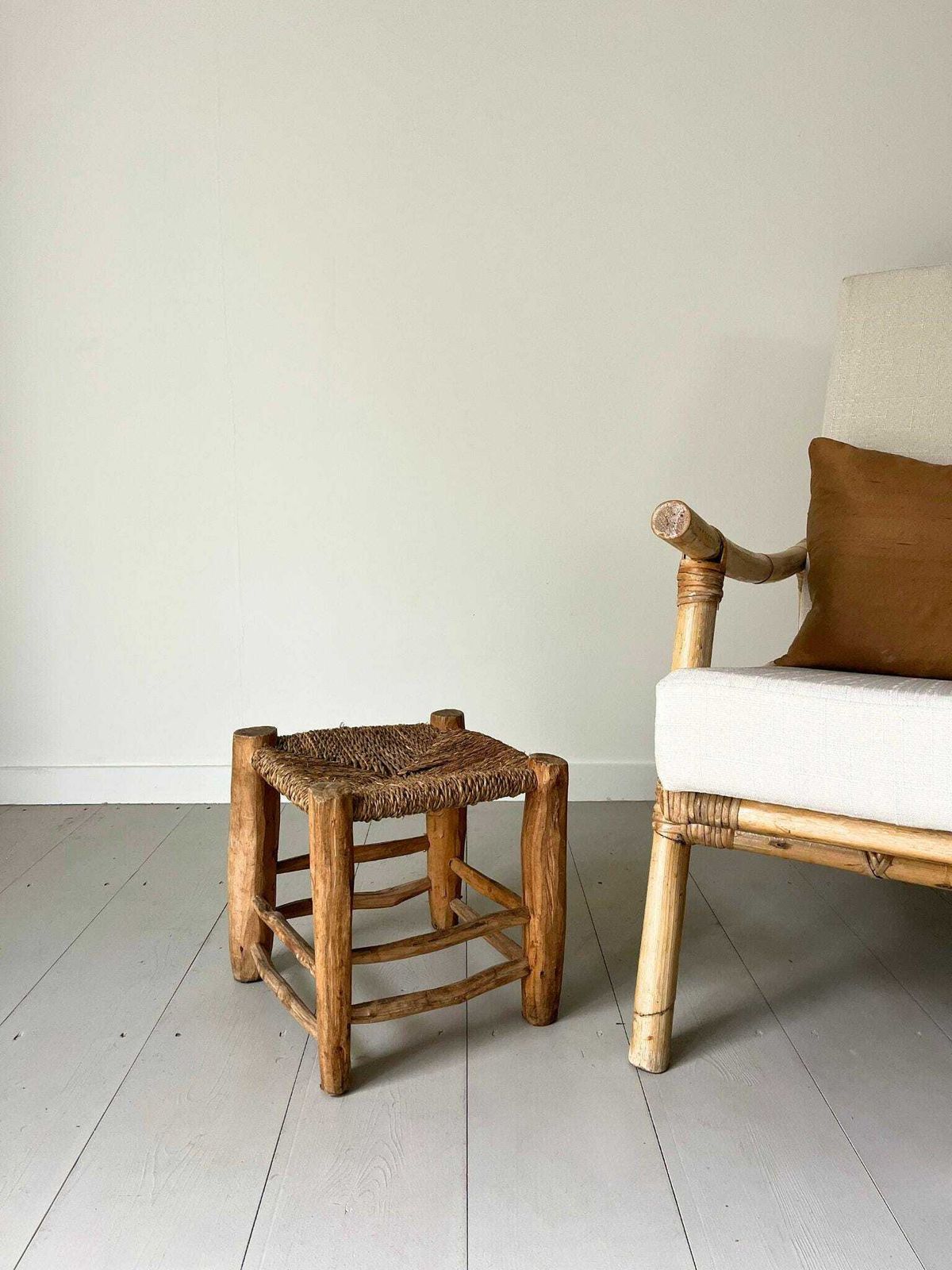 Rustic Woven Rope Stool, Wooden Footstool Plant Side Side Table Wabi Sabi Style, Original French Vintage Piece With A Primitive Design
