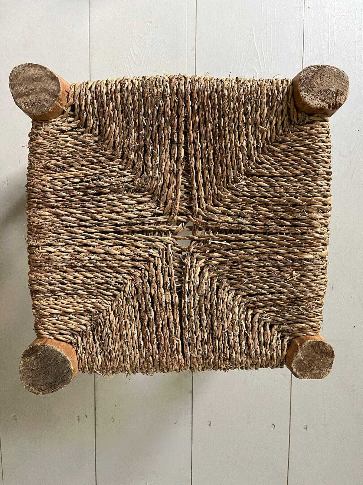 Rustic Woven Rope Stool, Wooden Footstool Plant Side Side Table Wabi Sabi Style, Original French Vintage Piece With A Primitive Design photo for sale