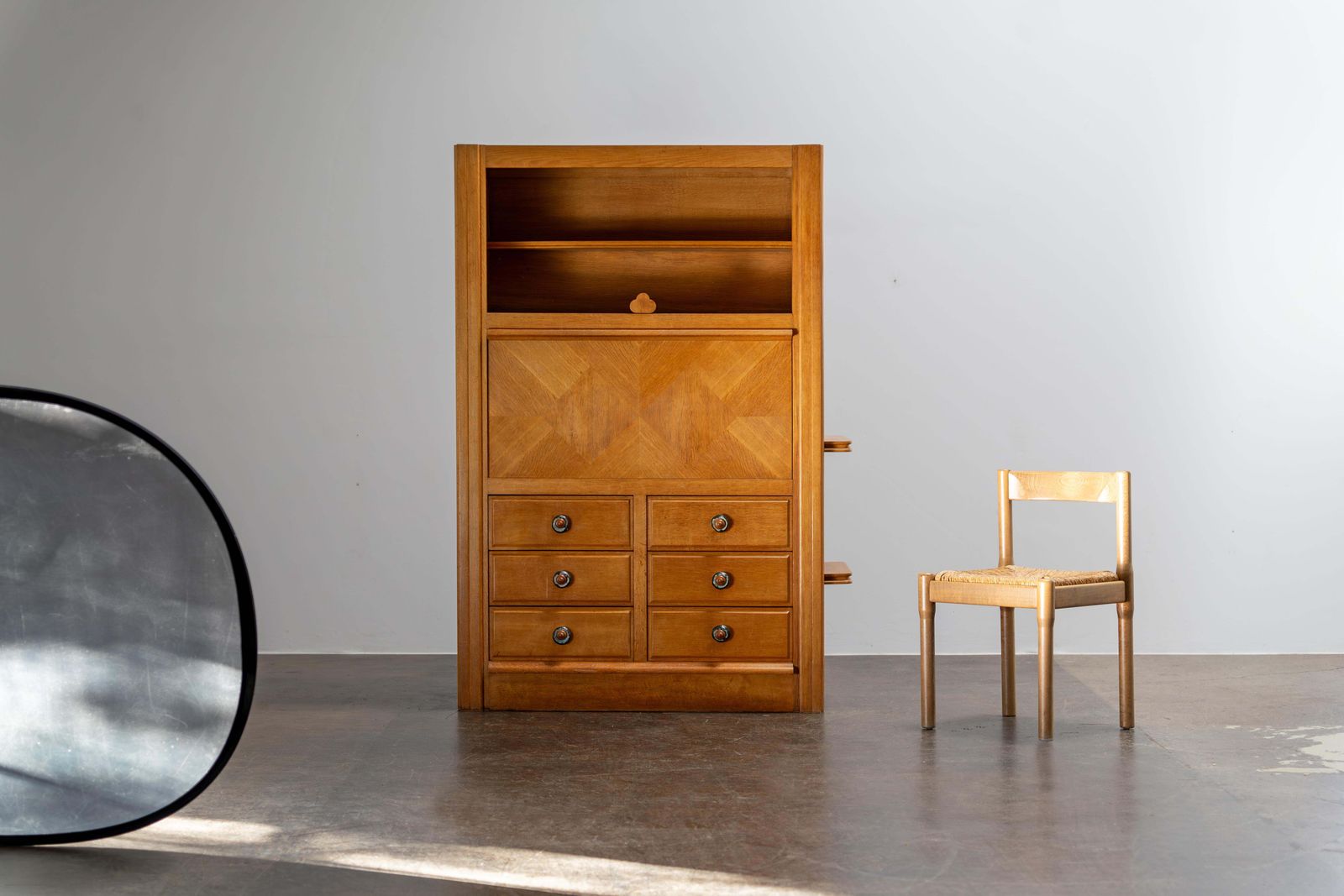 Oak Secretary With Ceramic Handles By Guillerme & Chambron, France, 1960s photo furniture