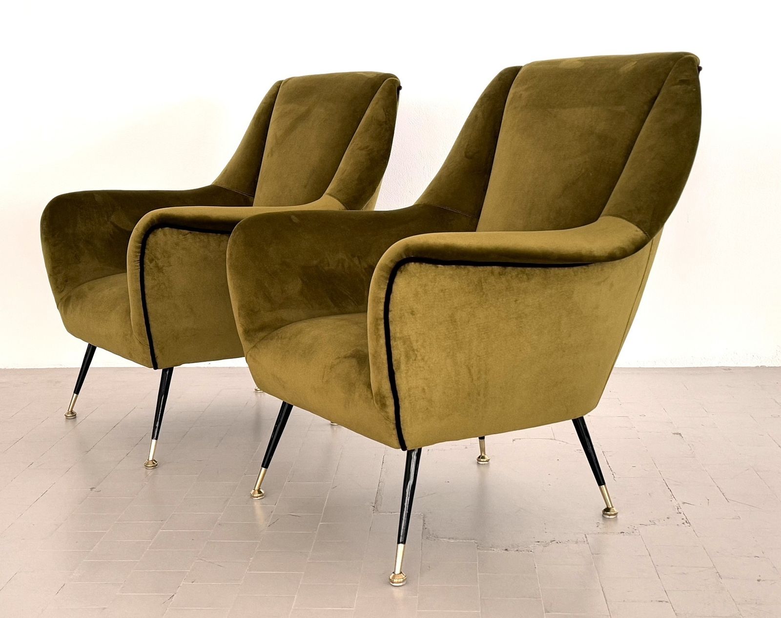 Italian Designer Pair Of Armchairs In Green Moss Velvet With Brass Feet, 1950s photo furniture