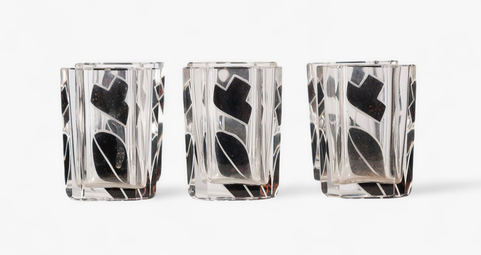 Set Of 1930s Art Déco Bohemian Black Enameled Crystal Decanter With Stopper And Six Glasses By Karl Palda, Czech Republic photo furniture