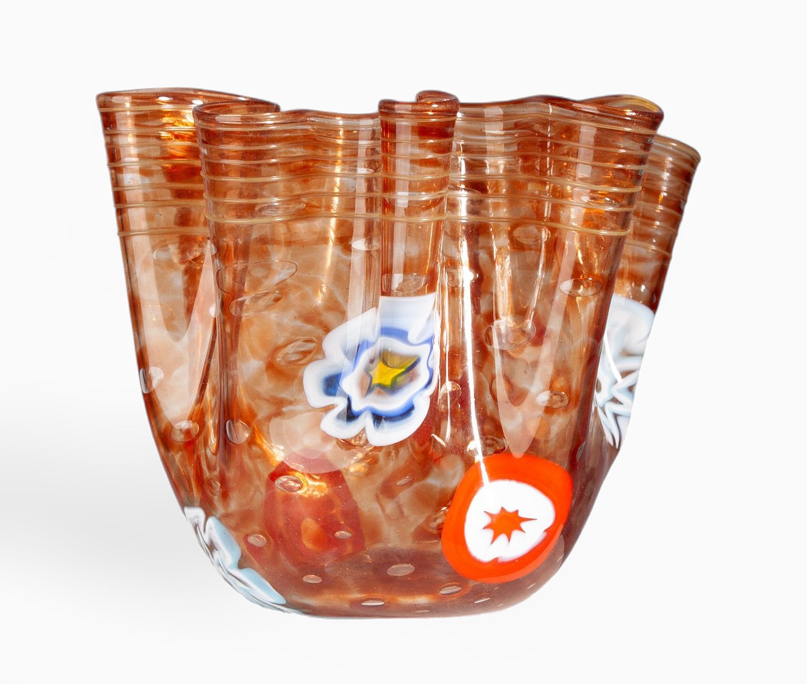 Mid 20th Century Modern Flowered Orange Murano Glass 'Fazzoletto' Vase With Folds, Italy photo for sale