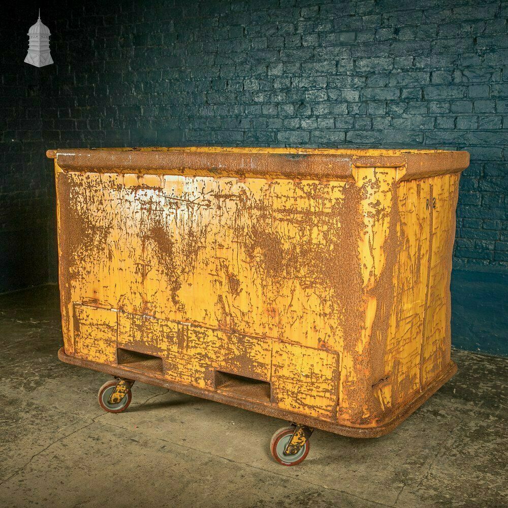 Wheeled Industrial Cart, Rusty Distressed Yellow Painted Steel, Factory Skip photo Home Decor