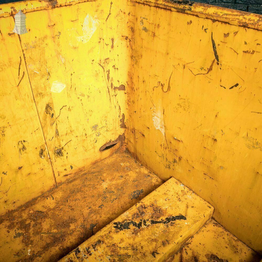 Wheeled Industrial Cart, Rusty Distressed Yellow Painted Steel, Factory Skip photo vintage