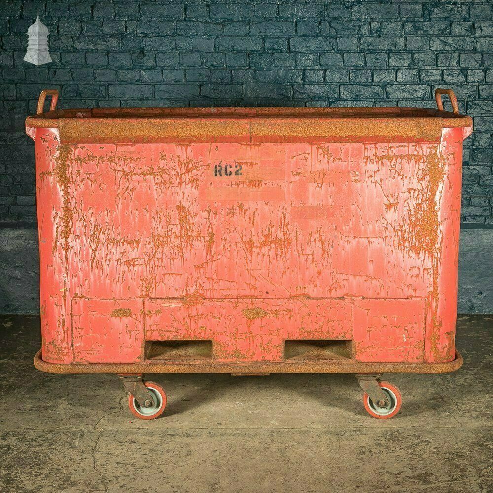 Wheeled Industrial Cart, Rusty Distressed Red Painted Steel, Factory Skip photo furniture