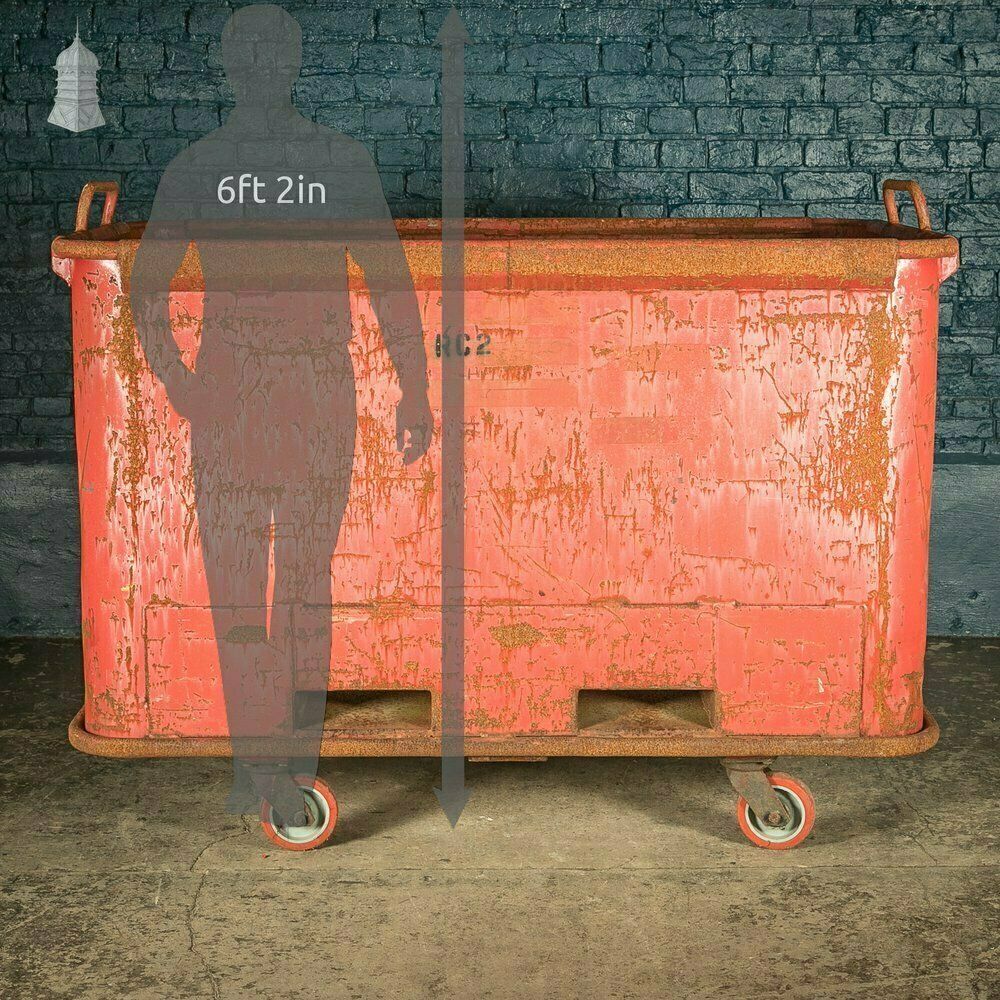 Wheeled Industrial Cart, Rusty Distressed Red Painted Steel, Factory Skip photo for sale