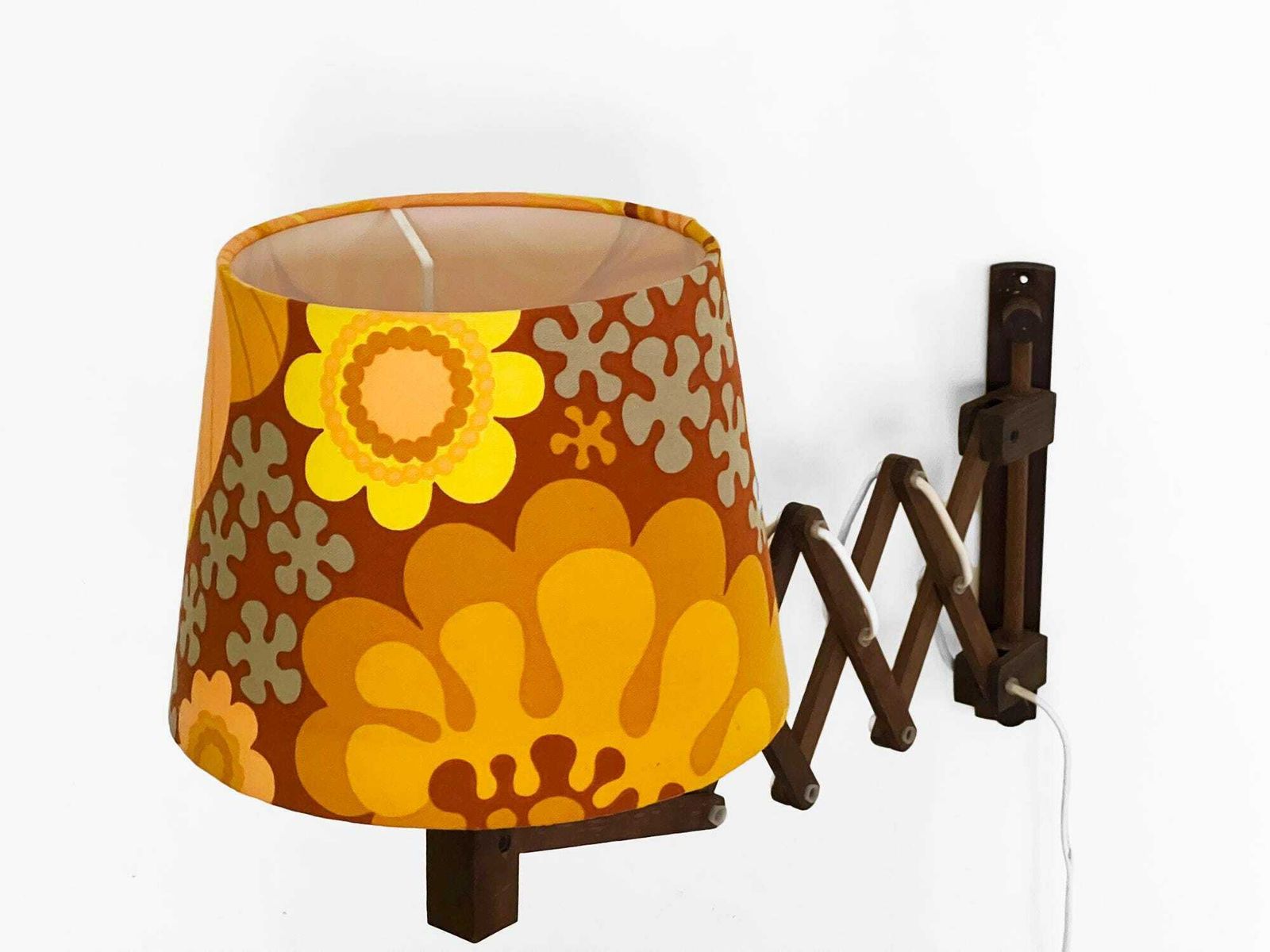 Wall Lamp/Scissor Lamp In Dyed Pine Wood From Translandia. Shade With "Folklore" Print By Göta Trädgårdh. Denmark 1960s photo 279.0