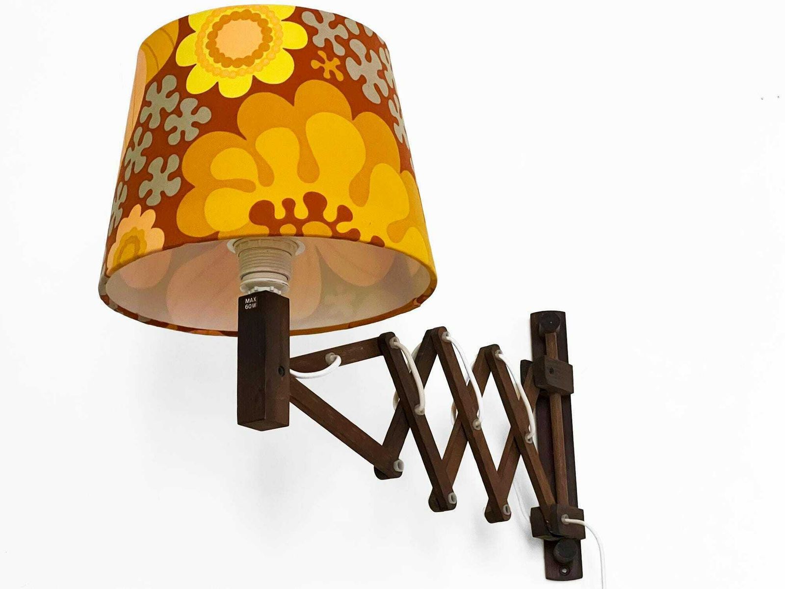 Wall Lamp/Scissor Lamp In Dyed Pine Wood From Translandia. Shade With "Folklore" Print By Göta Trädgårdh. Denmark 1960s photo vinterior