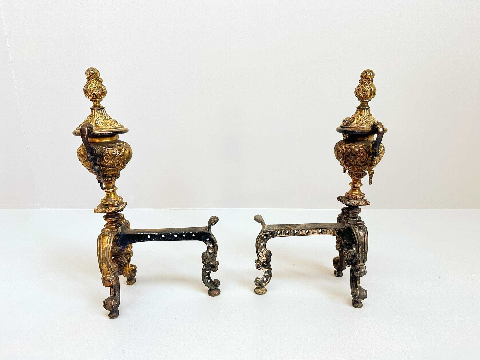 Antique Dutch Brass Andirons   Vintage Fireplace Decor, Log Holders photo vinterior