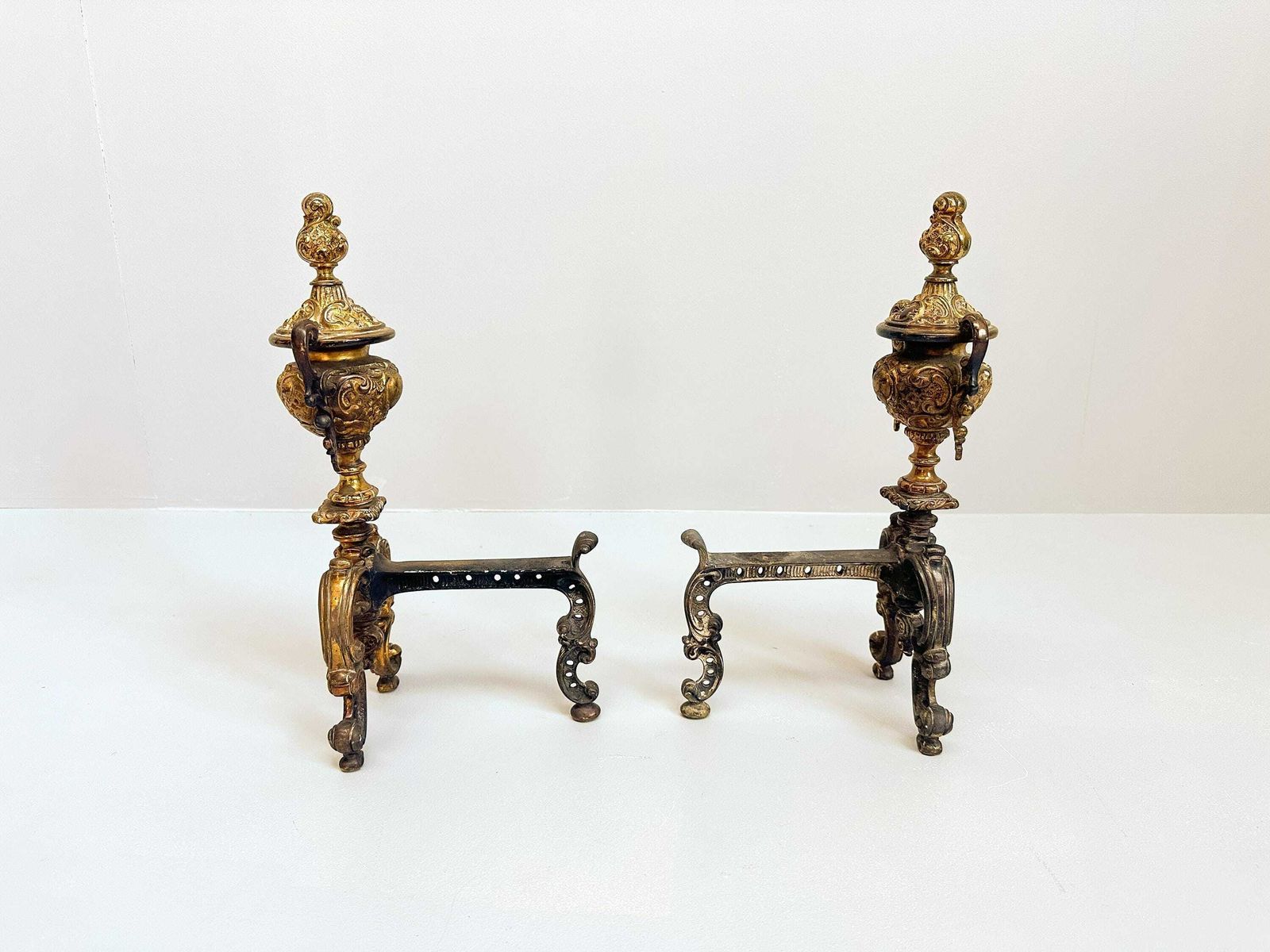 Antique Dutch Brass Andirons   Vintage Fireplace Decor, Log Holders photo buy