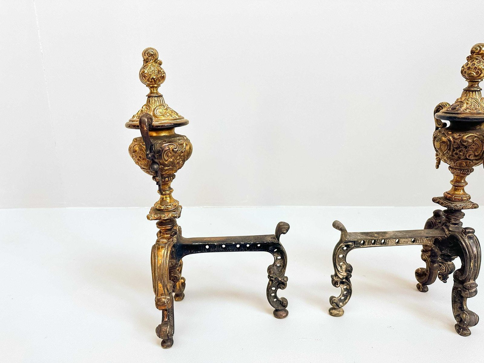Antique Dutch Brass Andirons   Vintage Fireplace Decor, Log Holders photo vintage