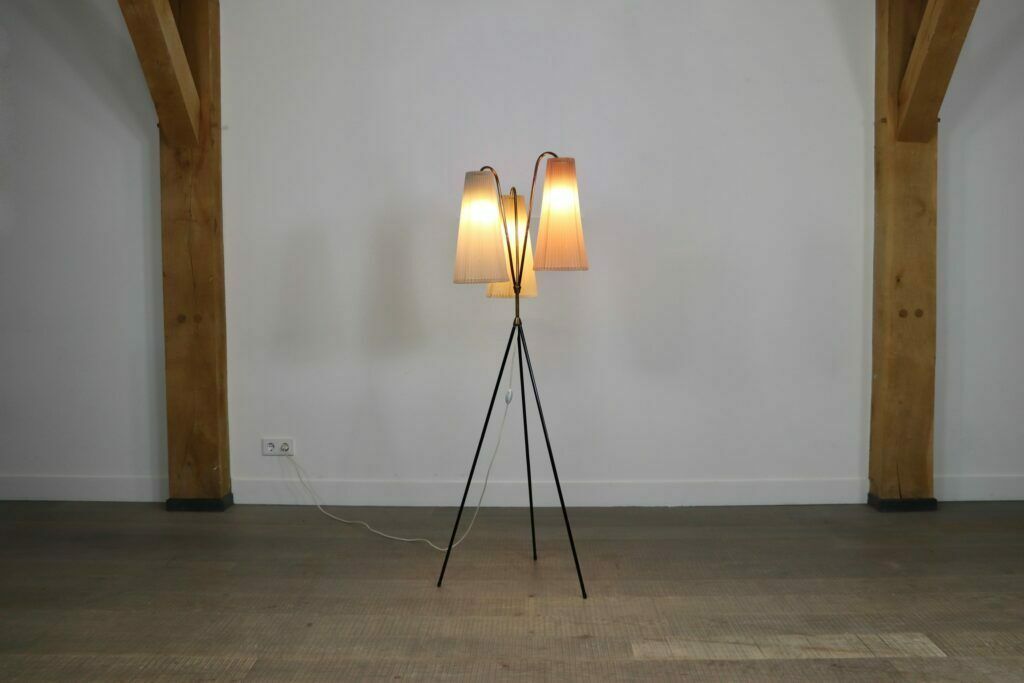 Vintage Tripod Floor Lamp In Brass And Plisse, 1950s photo buy