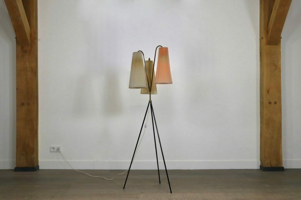 Vintage Tripod Floor Lamp In Brass And Plisse, 1950s photo vintage