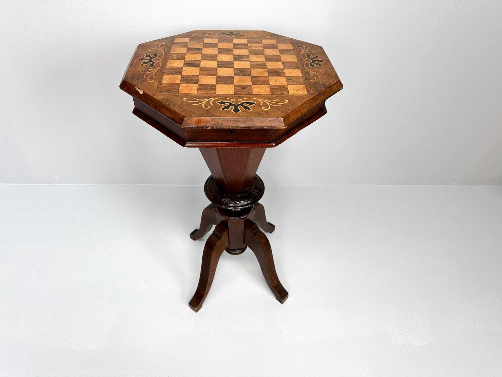 Antique Inlaid Chess Table, Trumpet Sewing Table photo furniture