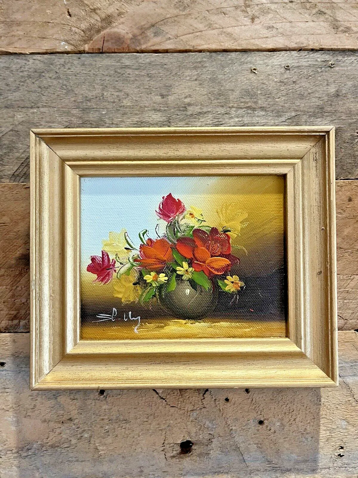 Pair Of Small Vintage Floral Still Life Paintings Flower Bouquet Vase Gilt Frame photo 61.0