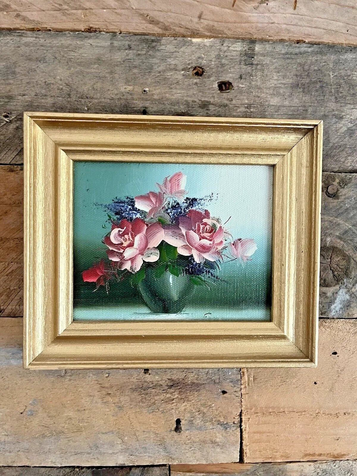 Pair Of Small Vintage Floral Still Life Paintings Flower Bouquet Vase Gilt Frame photo buy