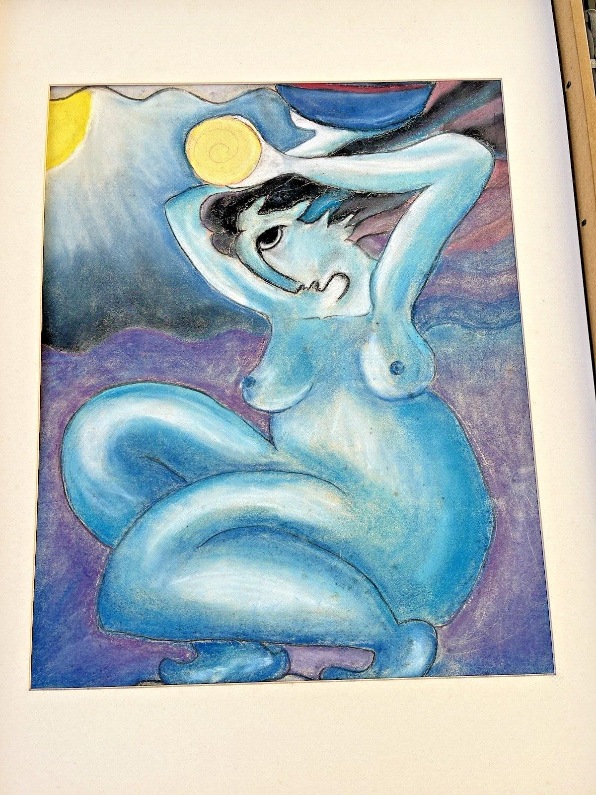 Unusual Vintage Expressionist Nude Pastel Chalk Painting Picasso Style Abstract photo furniture