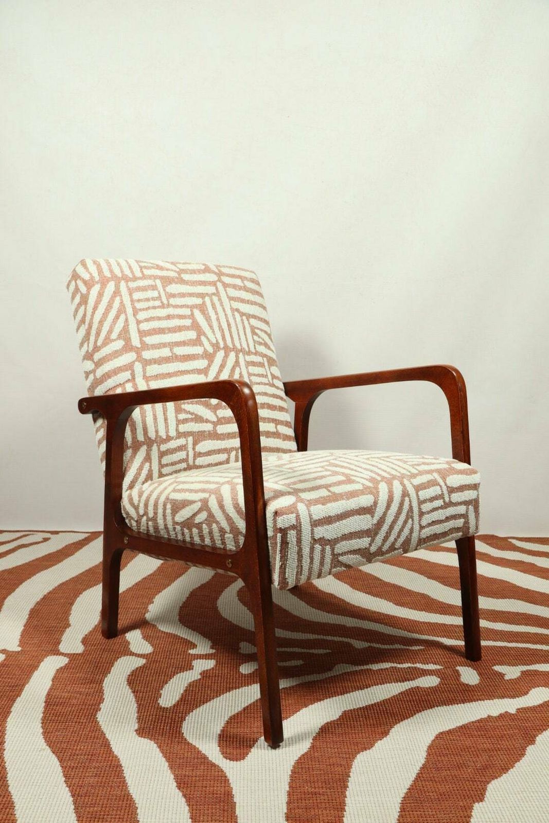 Mid Century Armchair Fabric Patterns Jacquard Upholstery Walnut Wood, Refurbished