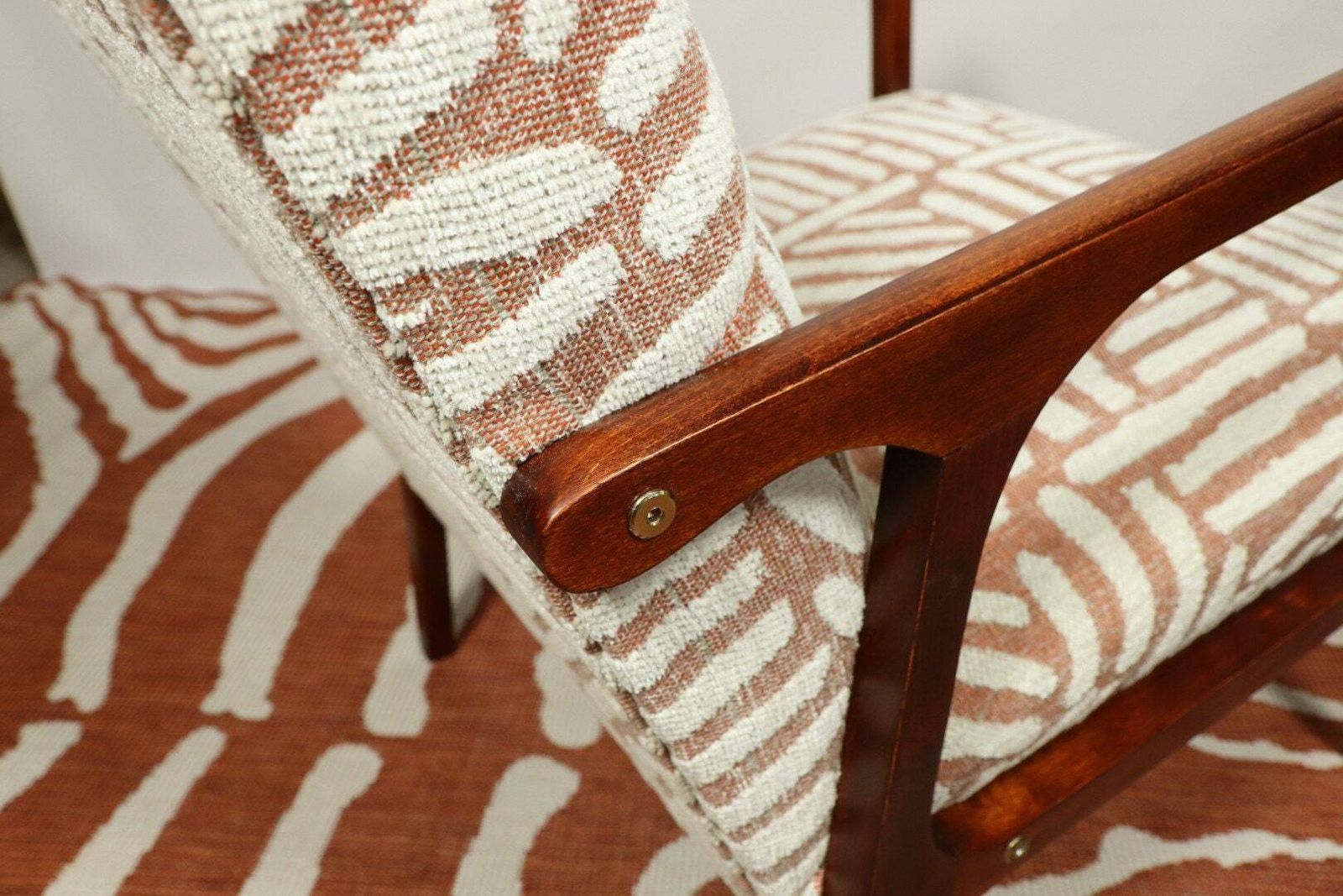 Mid Century Armchair Fabric Patterns Jacquard Upholstery Walnut Wood, Refurbished photo 599.0