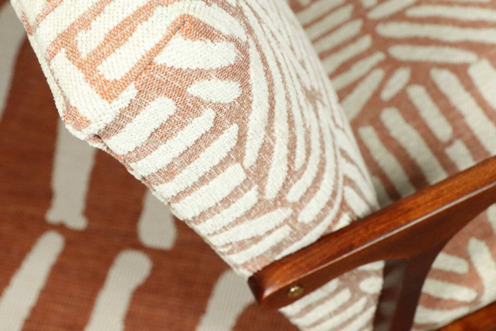 photo for sale Mid Century Armchair Fabric Patterns Jacquard Upholstery Walnut Wood, Refurbished